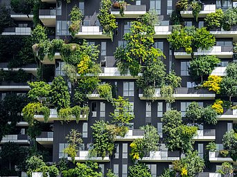 Häuserfassade mit Balkonen und grüner Bepflanzung